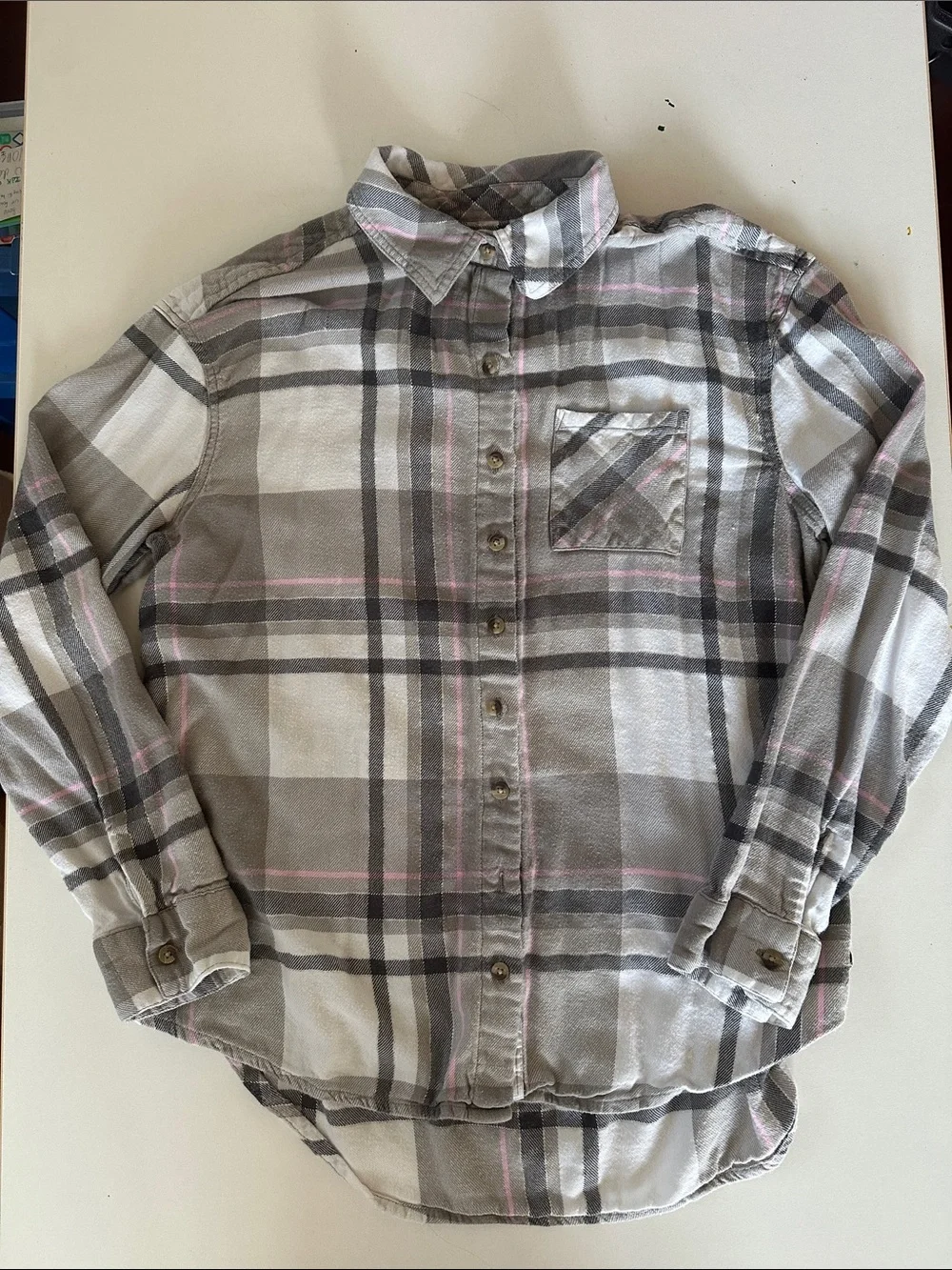 Justice Gray and White Plaid Button-Down Shirt with Pink Stripe